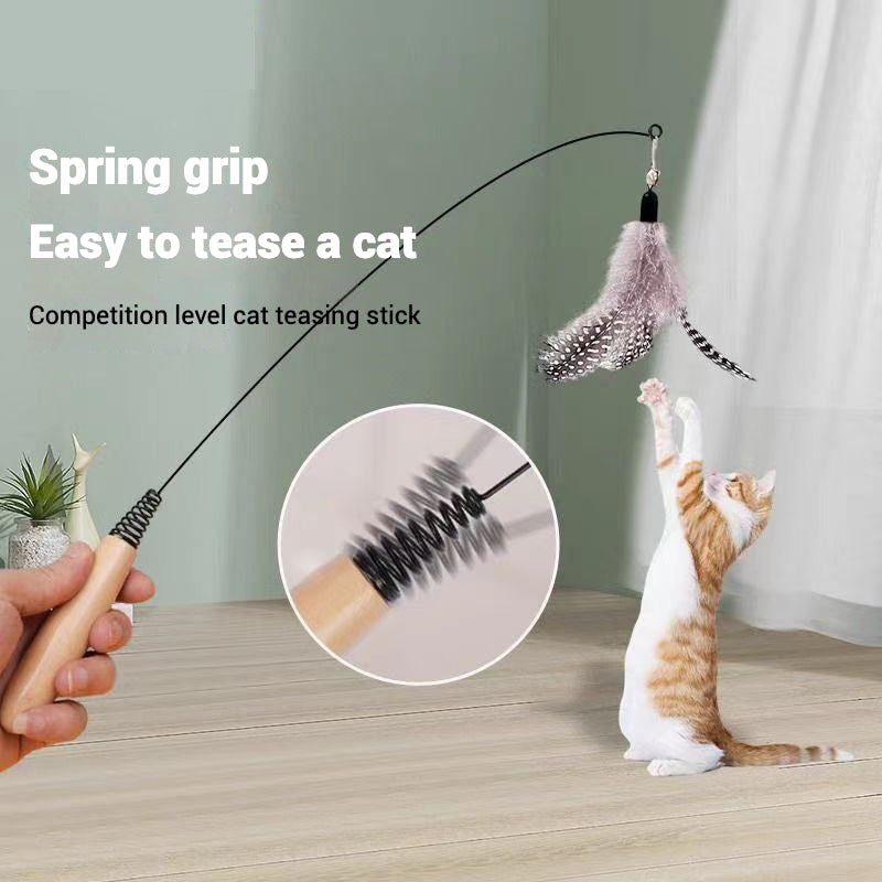 Wooden Handle Cat Teasing Stick With Feather And Bell