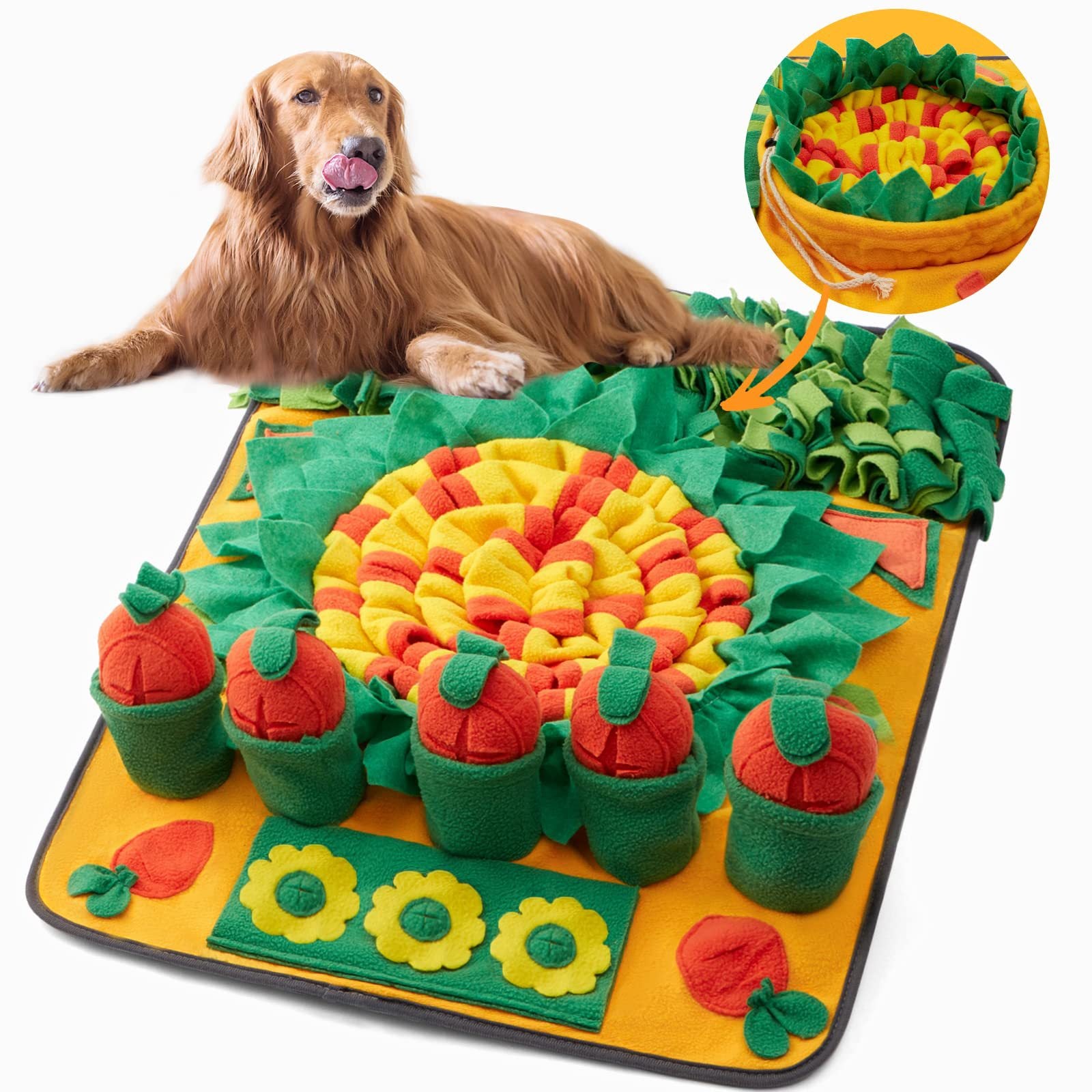 Orange And Green Dog Sniffing Mat - with dog - FurryCircle