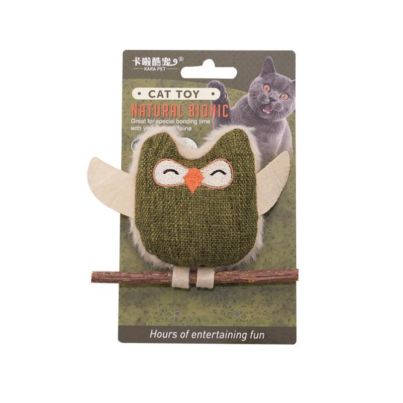 Silvervine Chew Stick with Feather Cartoon Cat Toy - Green owl - Front View - FurryCircle   